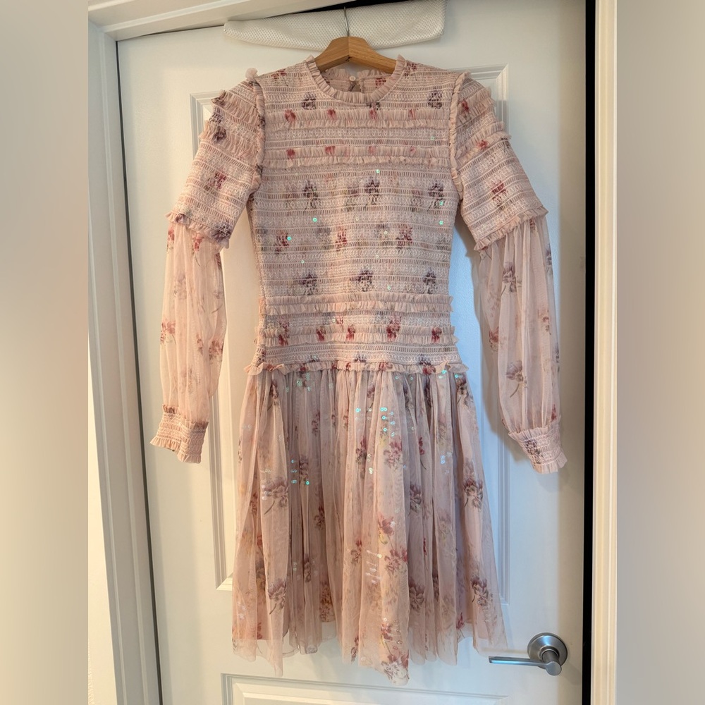 Needle & Thread sequin mini dress with sheer sleeves in dusty mauve US2/XS